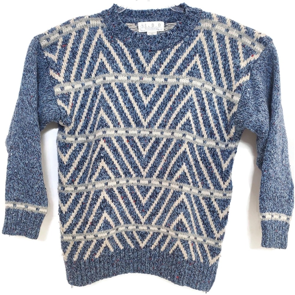 Vintage 90s Preppy Knit‎ Crewneck Cosby Sweater Blue Chevron Coastal Grandpacore